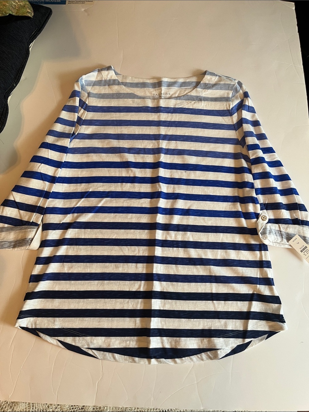 Talbots Navy and White Striped Boatneck Three-Quarter Sleeve Top LP